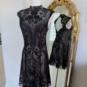 Karen Millien-Black Lace Embroidered Fit & Flare Dress Small